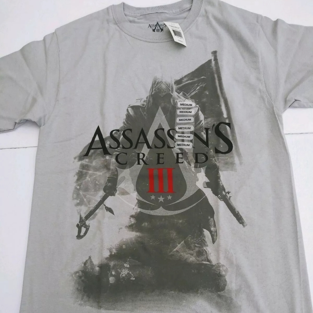 Assassins Creed Shirt Mens M Gray Graphic tee Short Sleeve Gamer Pop Art
